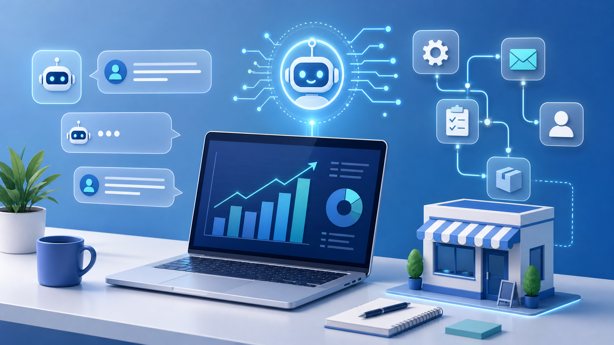 AI automation workflow connecting customer support, sales, reporting, and operations