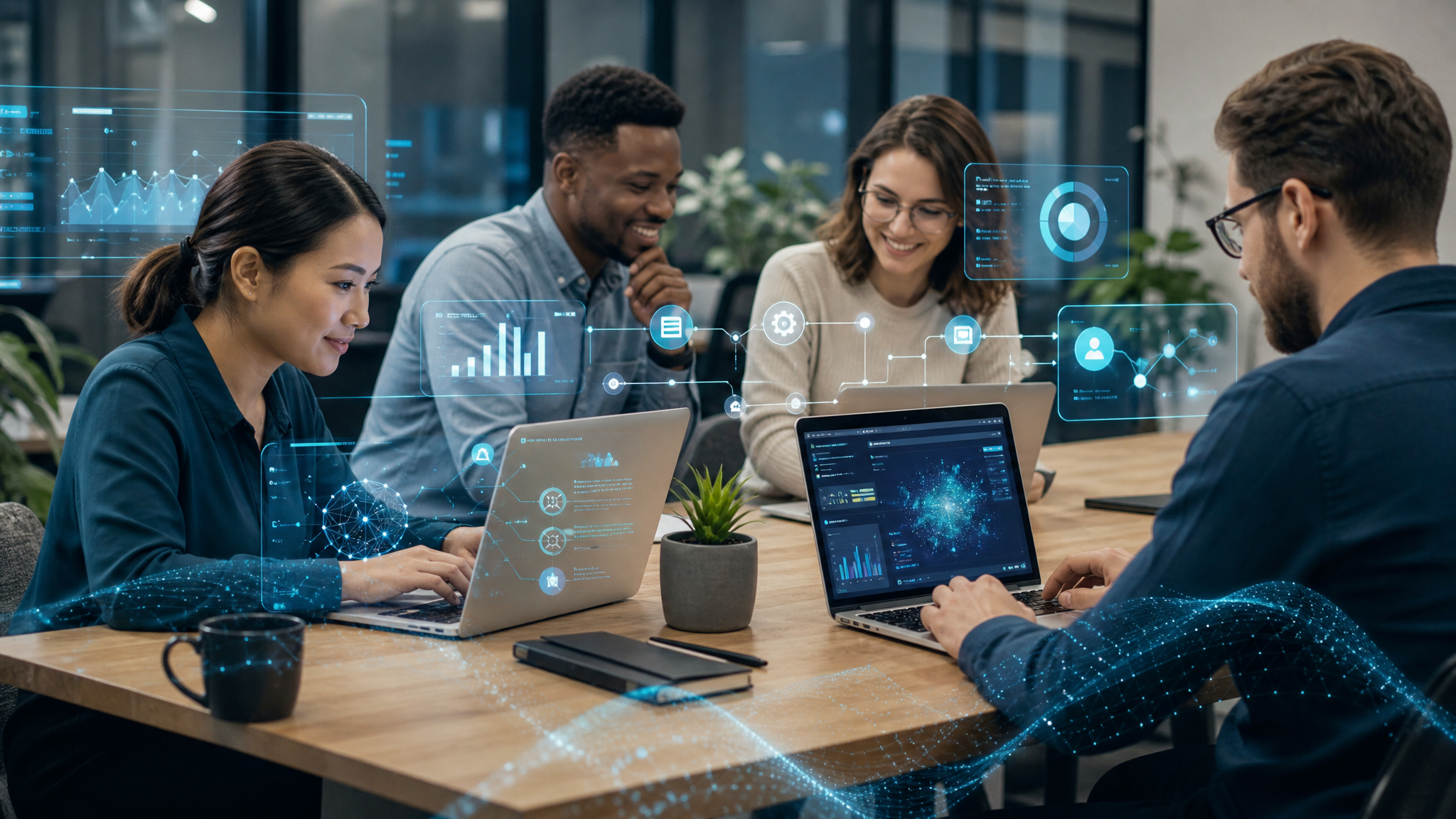 Small business team using AI development services dashboards and automation tools