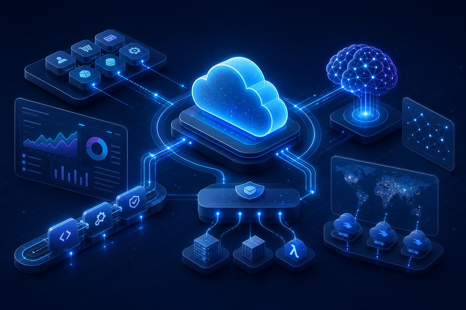AI-ready SaaS architecture workflow with cloud, APIs, automation and analytics