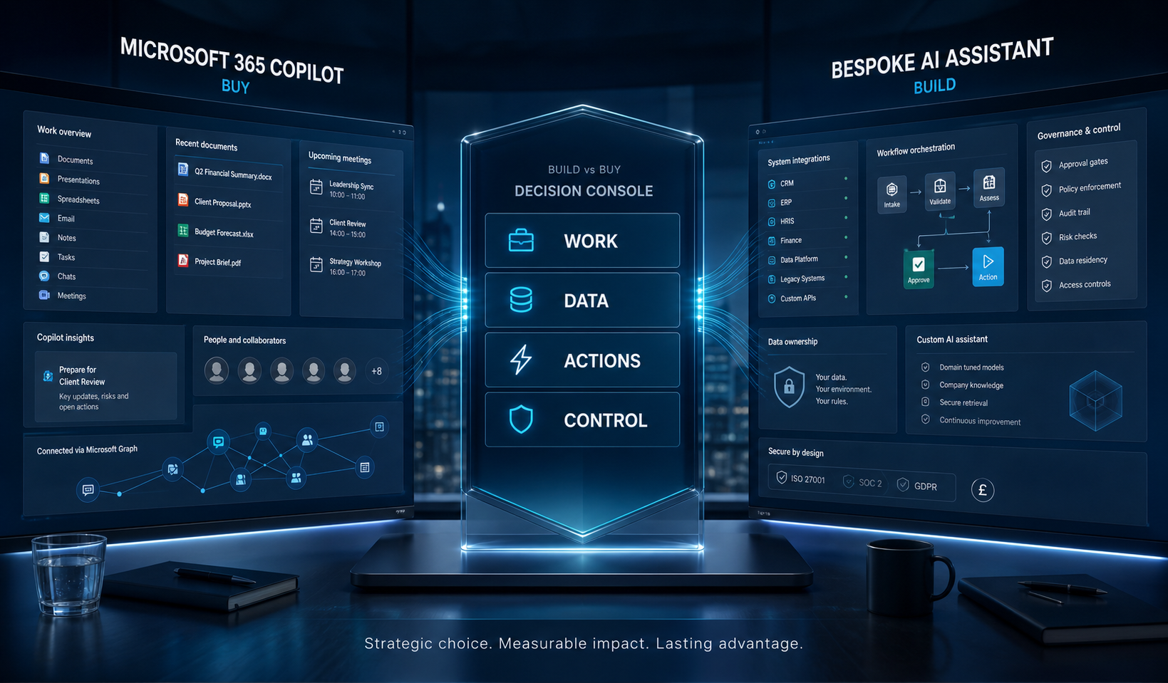 Microsoft 365 Copilot vs custom AI assistant decision console for UK businesses
