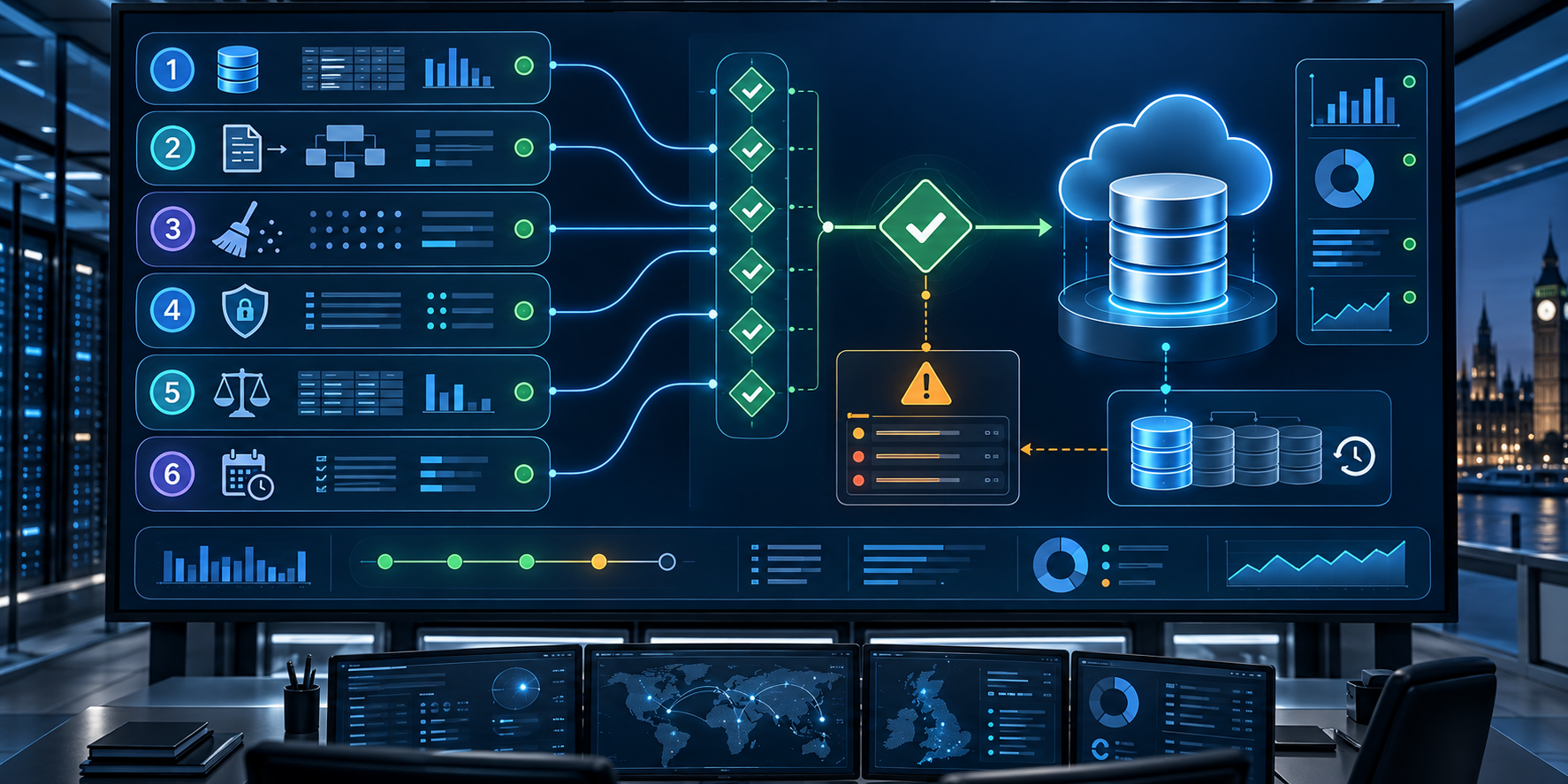 Data migration control model with six assurance lanes, validation gates, exception handling and rollback